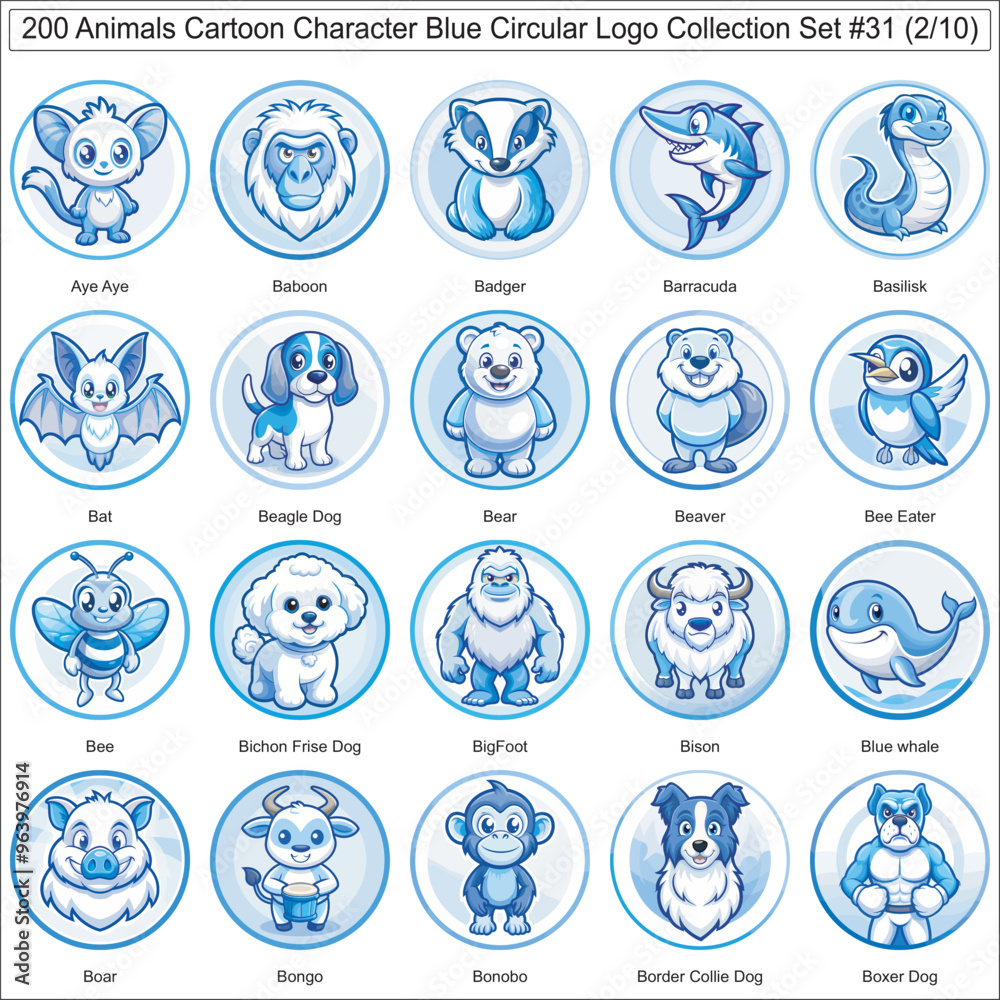 Animals Cartoon Character Blue Circular Logo Collection Set of 200 Isolated Animals Part 2 Animals Cartoon Character Blue Circular Logo Collection Set of 200 Isolated Animals Part 2