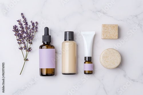 Organic Skincare Products on Marble, Soft Pastel Vibe photo