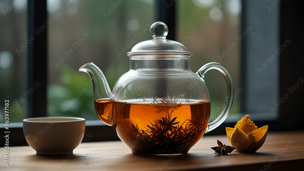Tea in a teapot with anise spice, next to a window, for detox and wellness. Tea in a teapot with anise spice, next to a window, for detox and wellness.