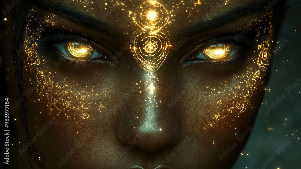 A beautiful face with glowing tattoos or markings, each symbol pulsing with a soft, supernatural light. A beautiful face with glowing tattoos or markings, each symbol pulsing with a soft, supernatural light.
