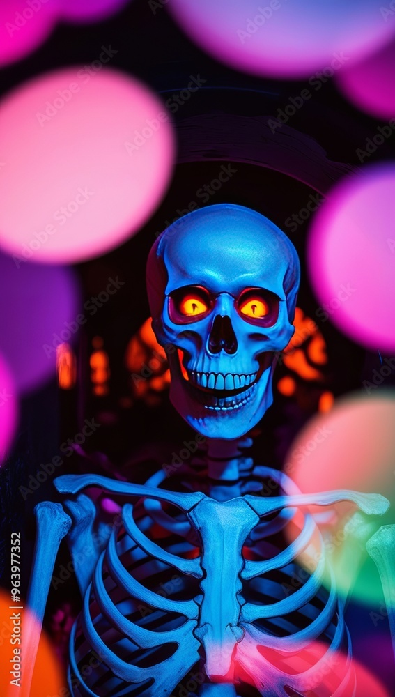 neon skeleton Halloween background. The skeleton's eyes radiate in shades of orange. Pink blue blurred bokeh lights backdrop neon skeleton Halloween background. The skeleton's eyes radiate in shades of orange. Pink blue blurred bokeh lights backdrop