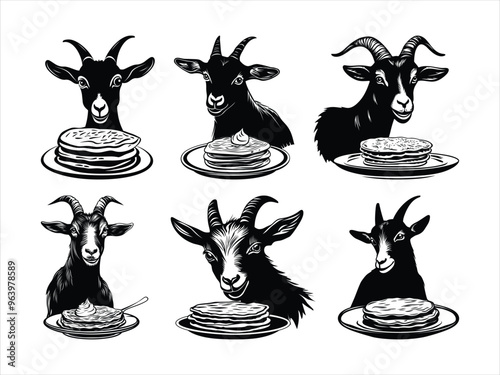 Mischievous Goat Chewing Pancakes – National Pancake Day Farm Animal Vector.