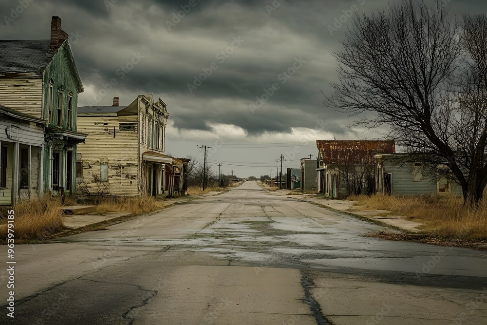 Ghost town with empty streets, abandoned buildings, and an eerie silence broken only by the wind Ghost town with empty streets, abandoned buildings, and an eerie silence broken only by the wind