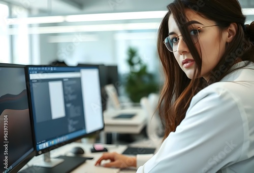 Close-up of a woman looking at the camera using a computer in the office, wide angle with copy space on the right