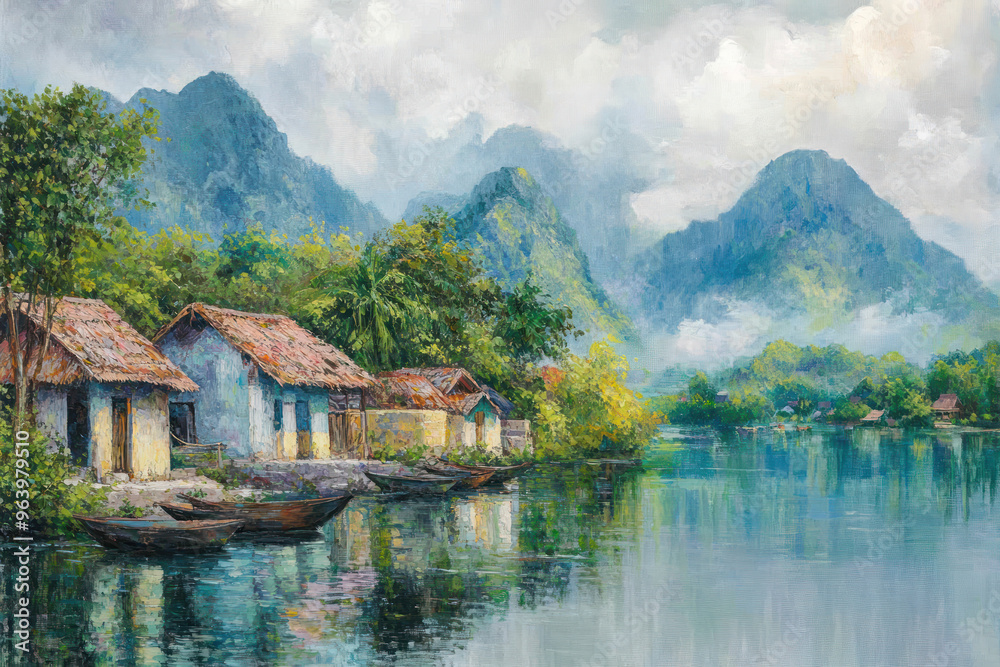 Fototapeta premium Lifestyle of local vietnamese living in a boat at Can Tho in beautiful, most famous and biggest floating market in Mekong Delta, Vietnam- oil painting.