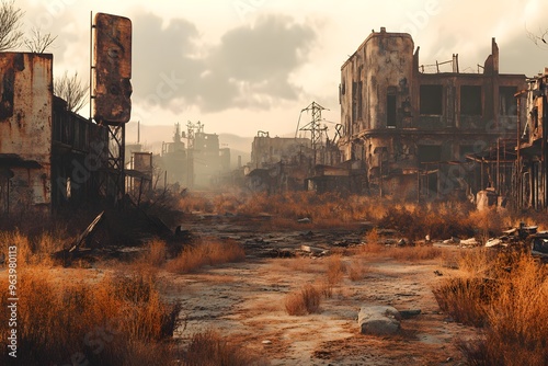 Post-apocalyptic wasteland with rusted remnants of a once-great city and eerie, perpetual twilight