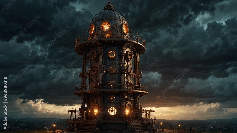A steampunk-style mechanical tower made of iron and gears, set against a stormy sky filled with lightning. A steampunk-style mechanical tower made of iron and gears, set against a stormy sky filled with lightning.