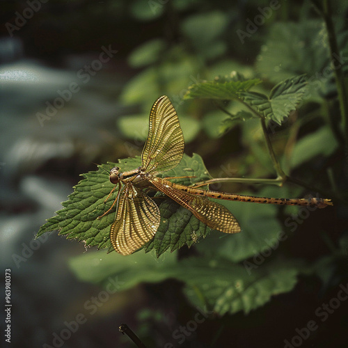 Mayfly (Ephemera Danica) on leaf, Dala river, Götene, Västra Götaland, Sweden, photo