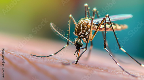Close-up of a mosquito feeding on human skin, mosquito, close-up, feeding, blood, skin, insect, bite, parasite, macro ai generative..