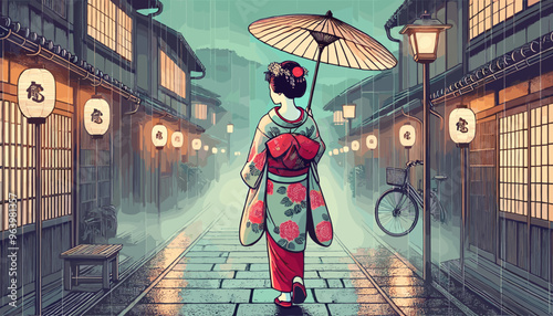 Drizzling rain and maiko in Gion. Vector illustration.