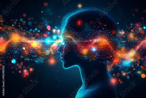 Cortical microcircuits auditory pathways and brainwave entrainment human silhouette with glowing neural connections symbolizing cognitive expansion and mental creativity photo