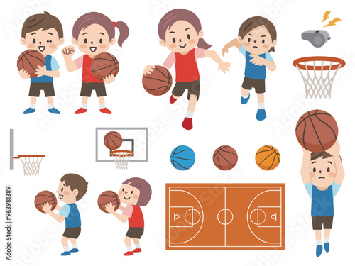 バスケットボールをする子供たちのイラストセット