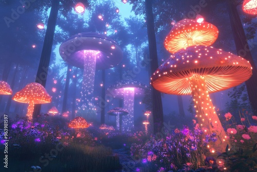 Whimsical forest filled with giant mushrooms, luminescent flowers, and enchanted, floating lanterns photo