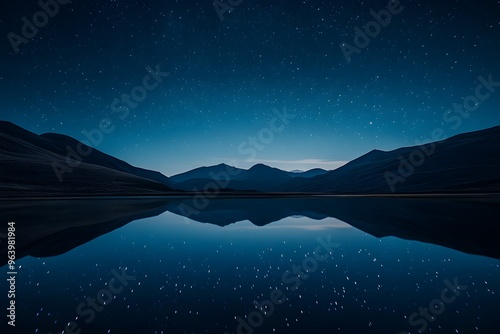Starry night sky over a calm lake, reflection, mountains in the distance, minimalist, serene