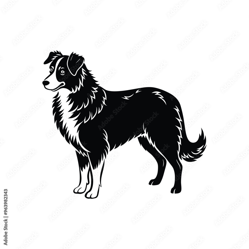 Fototapeta premium Silhouette of focused Australian shepherd dog vector clipart design