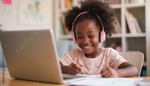 a black smiling girl student studying on laptop, online study, e-learning