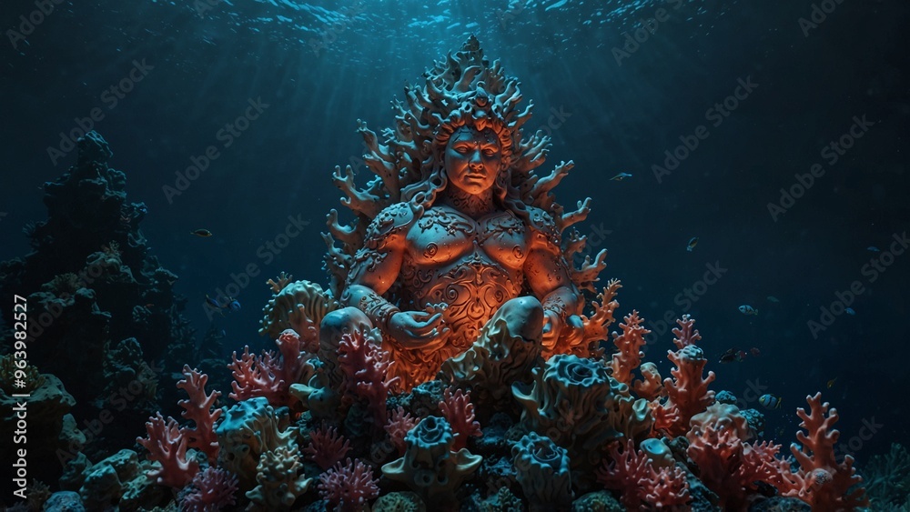 Fototapeta premium A giant marine deity statue deep in the sea, made of glowing coral and shells, set against a backdrop of a gloomy deep ocean.
