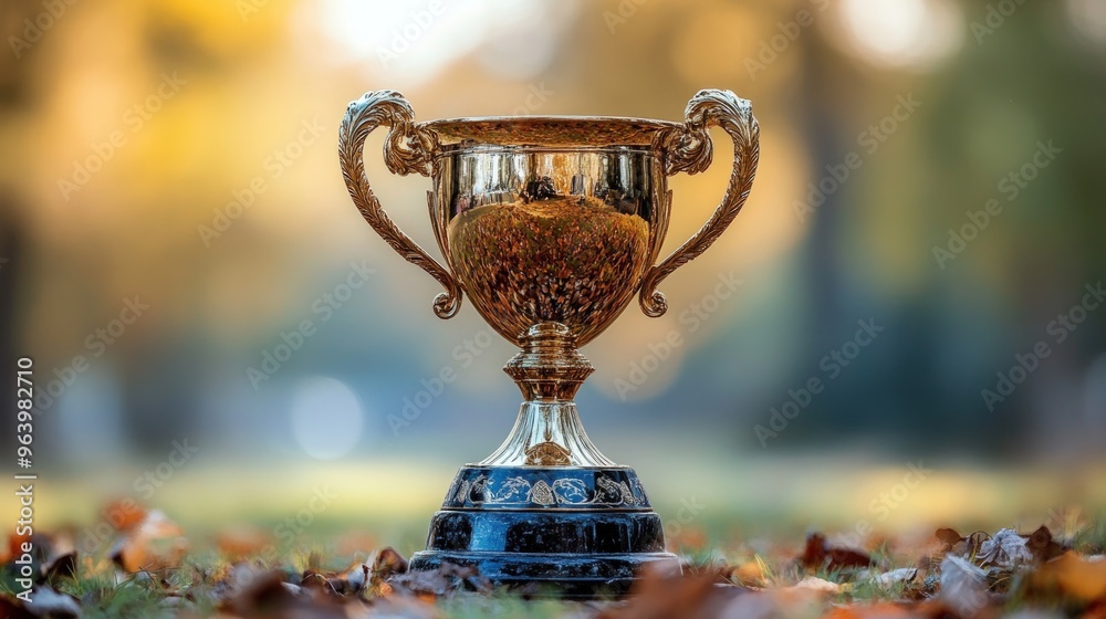 A golden trophy stands on a bed of autumn leaves with a blurred background of fall foliage. A golden trophy stands on a bed of autumn leaves with a blurred background of fall foliage.