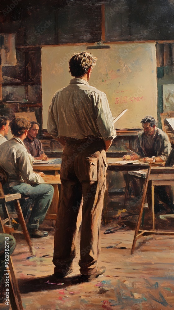 74. An artist standing in a classroom, teaching their craft to others 74. An artist standing in a classroom, teaching their craft to others