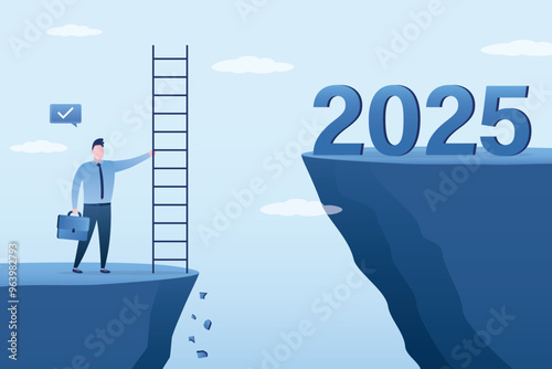 Business prospects in 2025, business targets in 2025, vision of future success, achievement targets in new year, businessman uses ladder for climbing cliff of 2025 targets