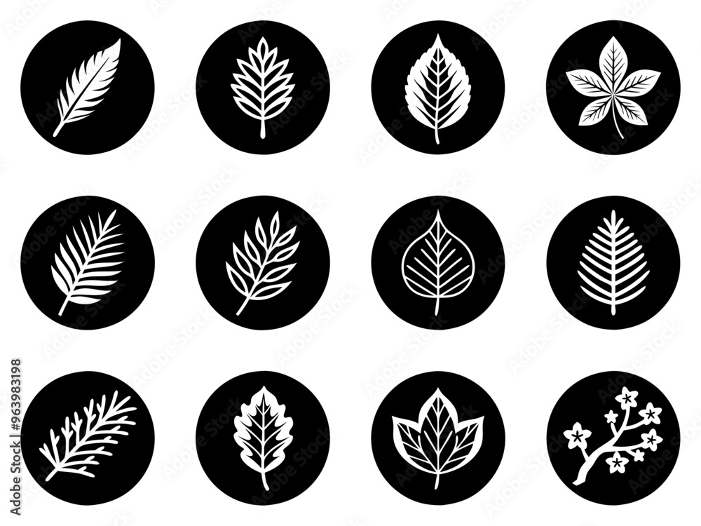 Set of 12 tree leaves icons on black background Set of 12 tree leaves icons on black background