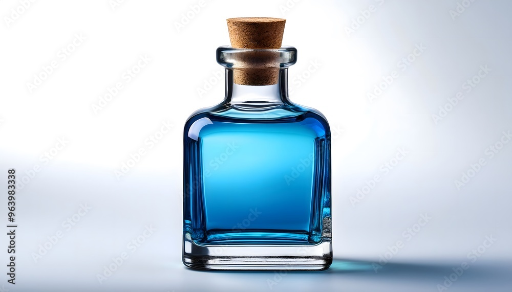 A blue glass elixir bottle with a cork stopper, displayed on a white background A blue glass elixir bottle with a cork stopper, displayed on a white background