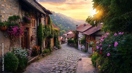 Enchanting Sunrise in a Fairy-Tale Valley - Charming Cobblestone Streets and Blooming Cottages