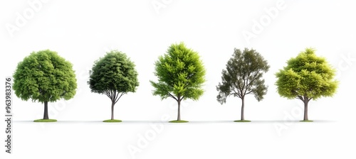 A collection of various tree species arranged in a row, isolated on a white background