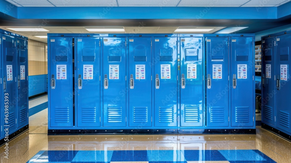 Fototapeta premium Americanstyle blue school lockers for students in a traditional educational setting. Concept School Lockers, American Style, Blue Color, Traditional Setting, Students 