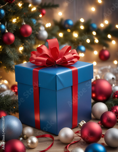 a blue gift box with a blue ribbon and bow, surrounded by christmas ornaments and lights.