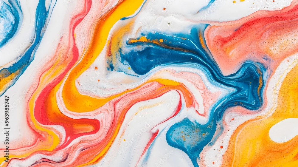 Abstract Swirls of Colorful Paint Fluid Art Blue Yellow Orange Pink White Background Abstract Swirls of Colorful Paint Fluid Art Blue Yellow Orange Pink White Background