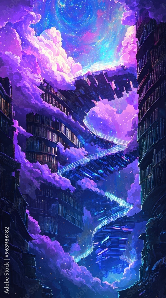 Mysterious Floating Library in the Ethereal Twilight Cityscape Mysterious Floating Library in the Ethereal Twilight Cityscape