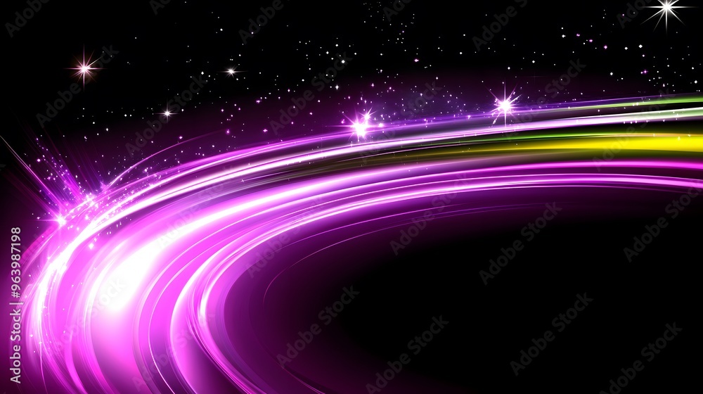 Obraz premium Abstract Purple and White Light Trails with Stars on Black Background