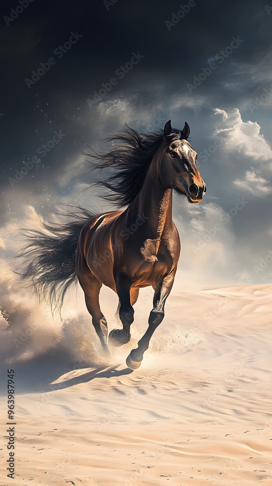 A Brown Horse Galloping Through a Desert Landscape Under a Dramatic Sky