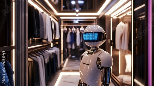 Futuristic Robot in Modern Clothing Store with Neon Lighting and High-Tech Design Elements