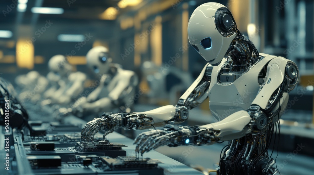 Futuristic Robots Assembling Circuit Boards in a High-Tech Factory Setting with Advanced Machinery Futuristic Robots Assembling Circuit Boards in a High-Tech Factory Setting with Advanced Machinery