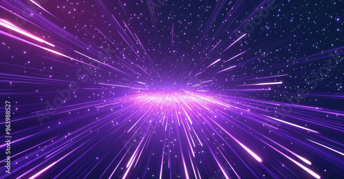 Purple light explosion with starry background. Space burst and cosmic energy concept. High quality photo
