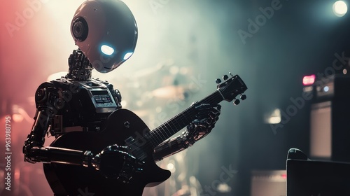 Futuristic Robot Playing Electric Guitar on Stage with Dramatic Lighting and Smoke Effects