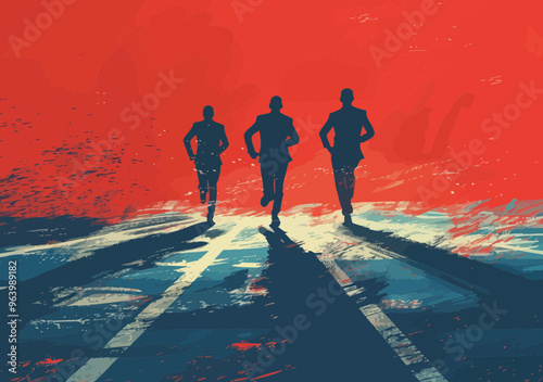 Businessmen Racing Towards Finish Line in Competitive Business Environment, Vector Illustration of Professionals Striving for Success, Winning in Business Concept, Dynamic Teamwork at Dusk