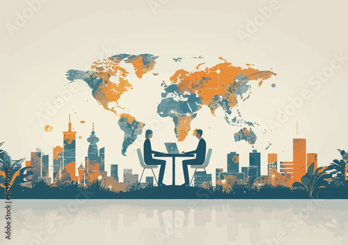 Business Team Discussing Global Trade and Investment Strategy at Table Pointing to World Map in Modern Minimalistic Illustration