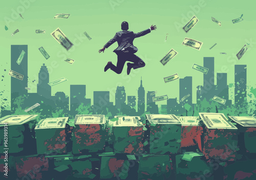 Business Manager Jumping Over Dollar Banknote in City Skyline, Conceptual Illustration of Financial Success and Risk, Vector Art Representing Ambition and Career Growth