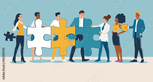 Diverse Team Holding Puzzle Pieces Solving Problem Concept Collaboration and Teamwork Vector Illustration