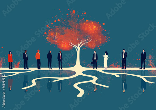 Business Recruitment Logic Tree with Diverse Business Persons Standing, Conceptual Illustration Depicting Hiring Process and Decision Making in Corporate Environment