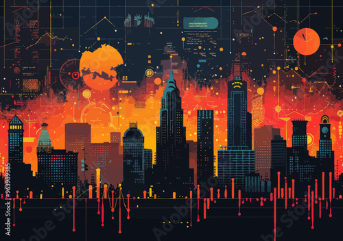 Global Investment Strategy and Profit Analysis in Urban Economy, Modern Technology Graphs, Data Visualization, Business Concept Vector Illustration