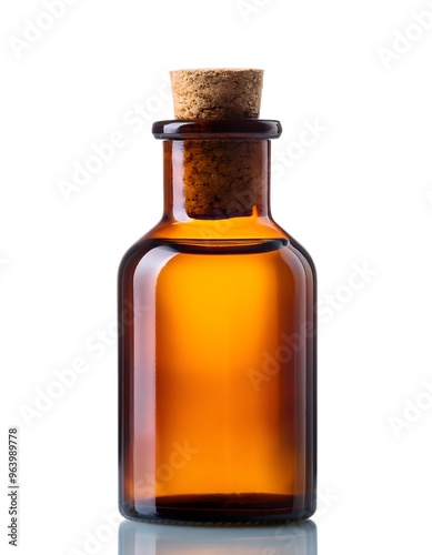 An amber-colored glass medicine bottle with a cork stopper, isolated on white