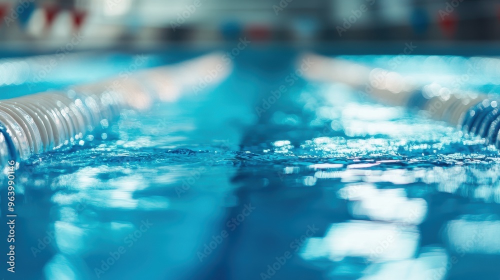 Close-Up of a Swimming Pool Lane with Clear Blue Water and Lane Dividers in a Modern Indoor Facility Close-Up of a Swimming Pool Lane with Clear Blue Water and Lane Dividers in a Modern Indoor Facility