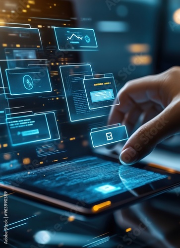 Document management, software system for managing documents, information, organization system concept. document searches and shares, data access, documentation reducing data loss.photo