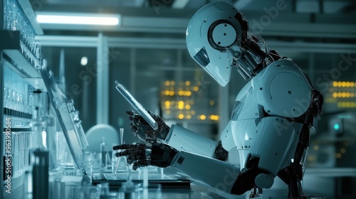 Futuristic Robot Scientist Conducting Research in High-Tech Laboratory with Advanced Equipment