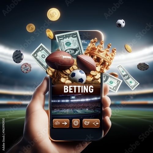 Wallpaper Mural Mobile Sports Betting Concept with Smartphone, Money, and Sports Equipment in Stadium Background Torontodigital.ca