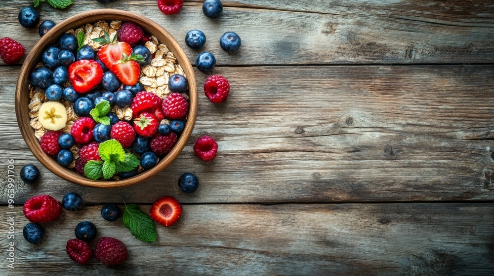 Oatmeal with berries and fruits, on a wooden board.